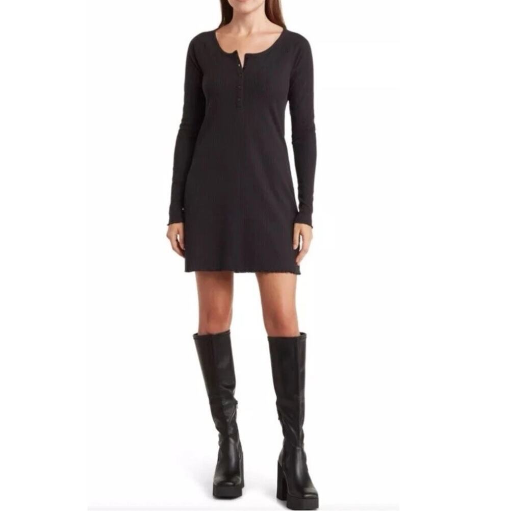 New ABOUND NORDSTROM Women's Black Long Sleeve Ribbed Knit Mini Dress Size M